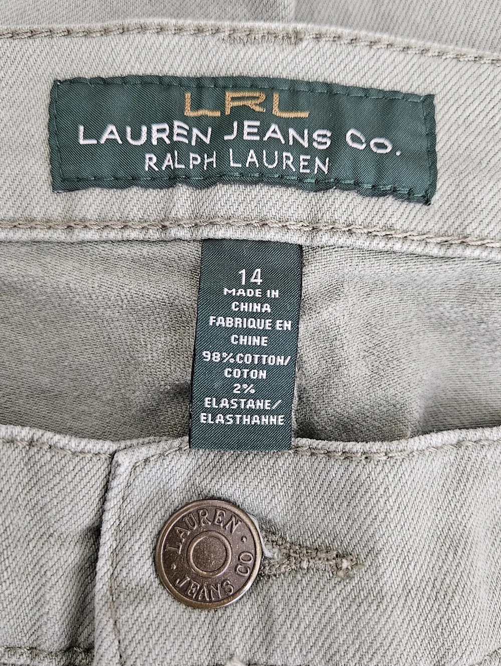 LRL Ralph Lauren Modern Straight Cropped Jeans Mid Rise Olive Green Denim 14